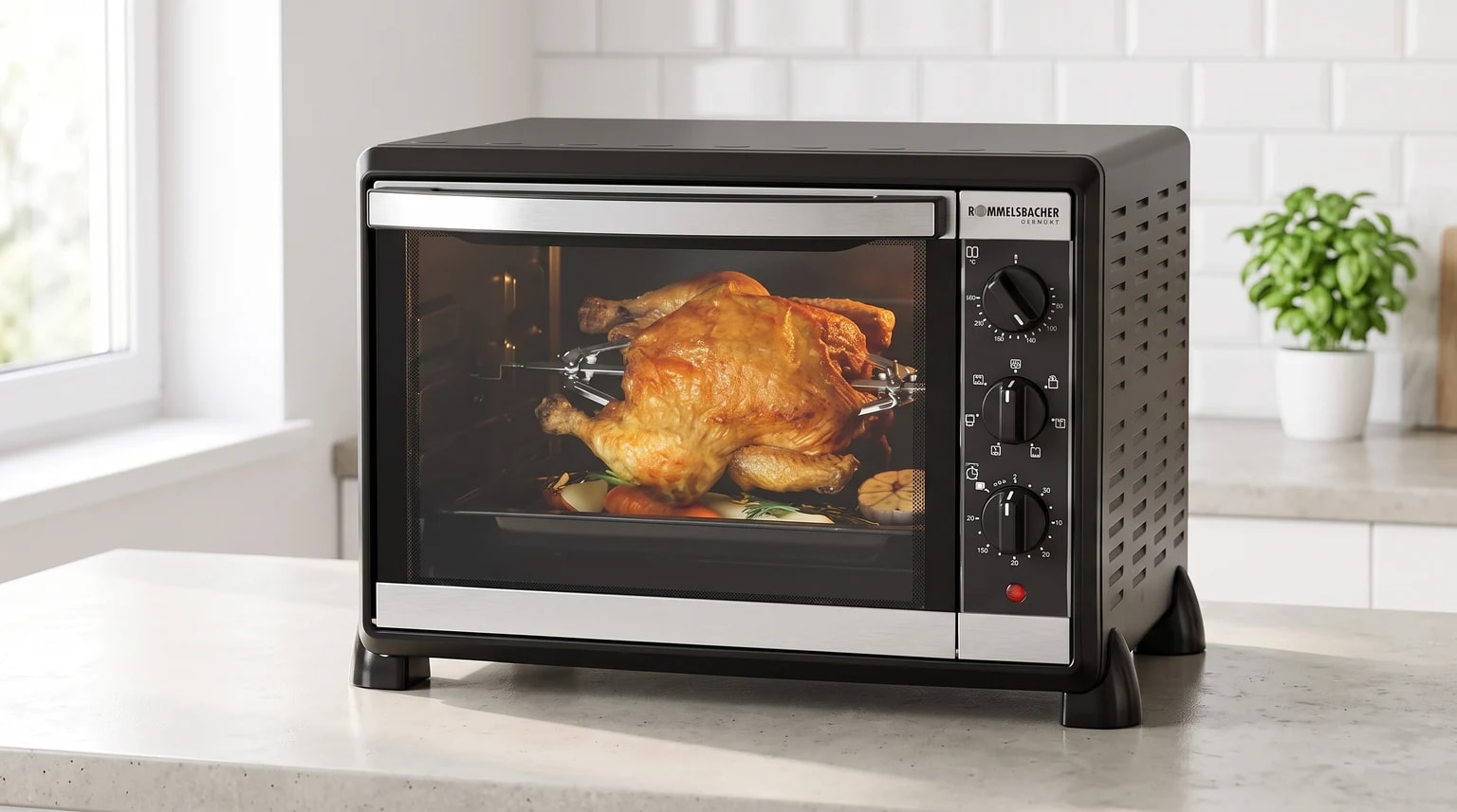 Mini forno elétrico Rommelsbacher BG 1550 preto sobre uma bancada, com um frango a assar no espeto rotativo.