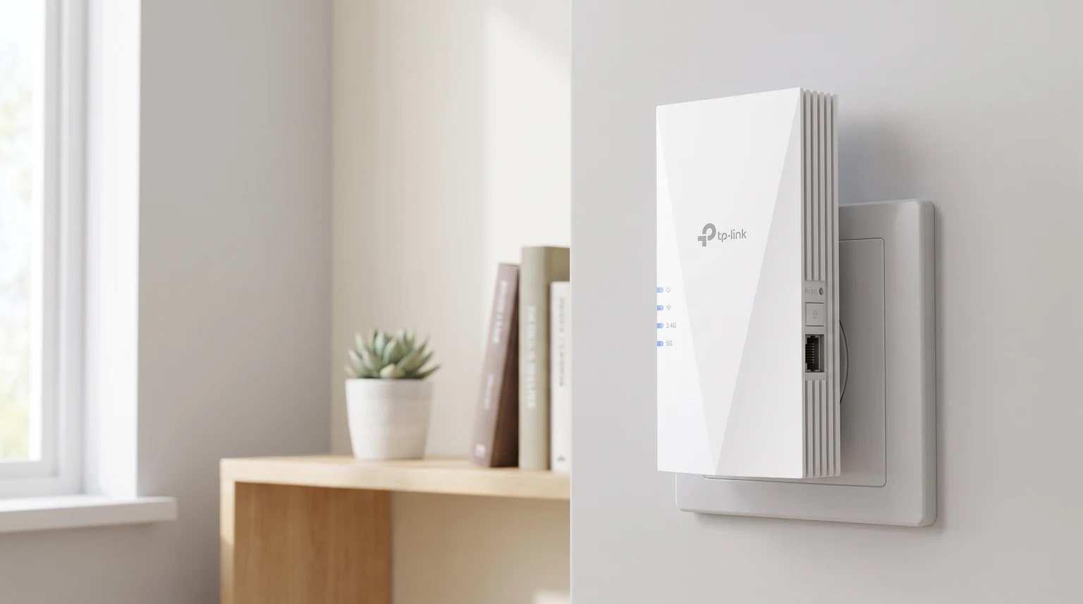 Repetidor Wi-Fi TP-Link branco ligado a uma tomada de parede numa sala luminosa, com uma prateleira e uma planta ao fundo.