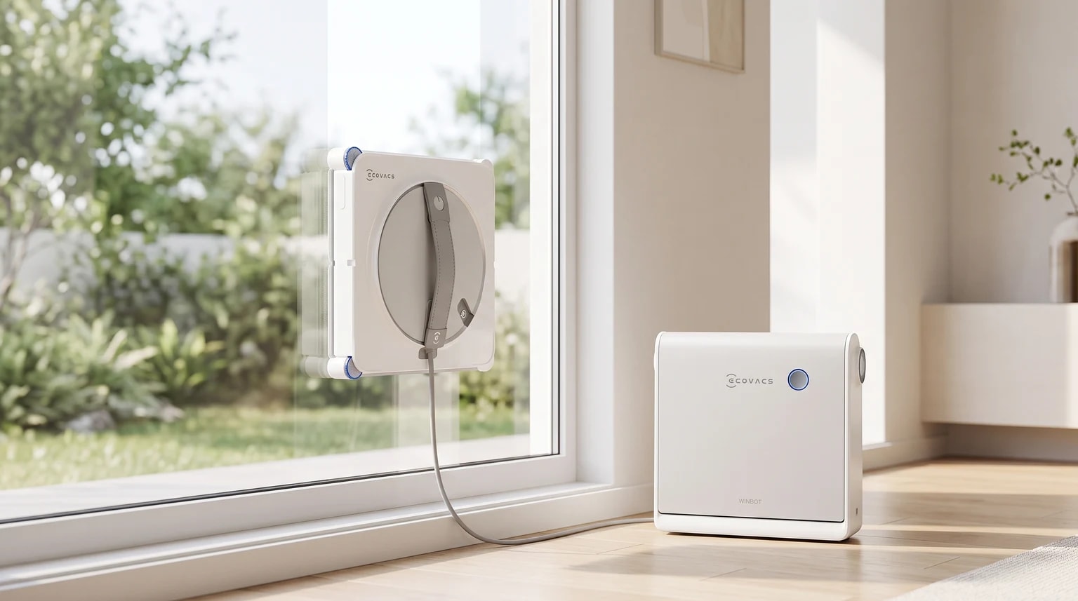 Robot limpa-vidros ECOVACS WINBOT W2S OMNI preso a uma janela, com a estação de base no chão.