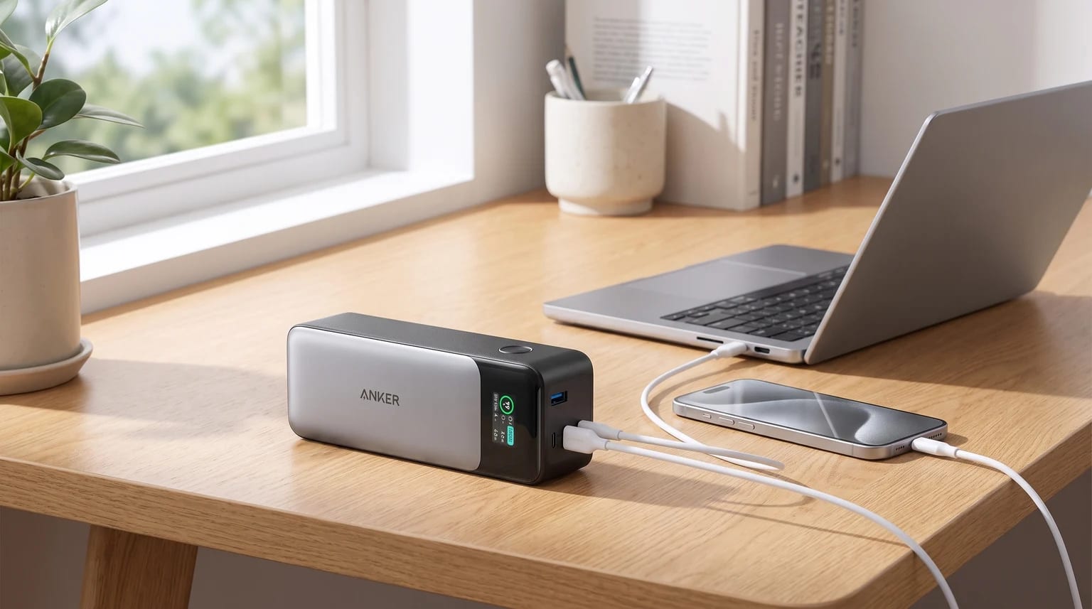 Uma powerbank Anker prateada e preta a carregar simultaneamente um portátil e um smartphone sobre uma secretária de madeira.