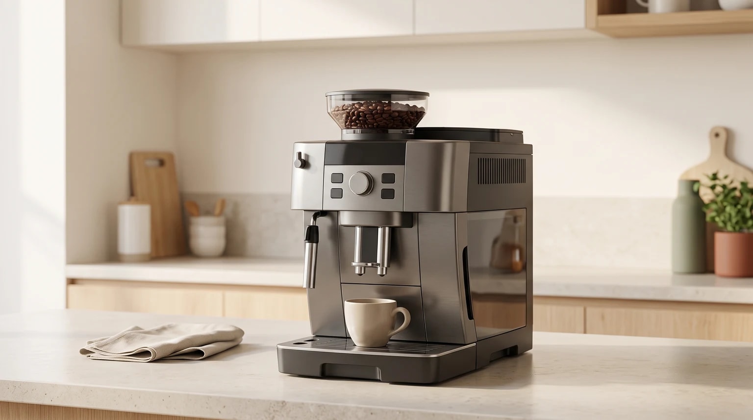 Uma máquina de café automática com moinho integrado, em inox e cinzento, numa bancada de cozinha clara, com uma chávena de cerâmica por baixo do bico.