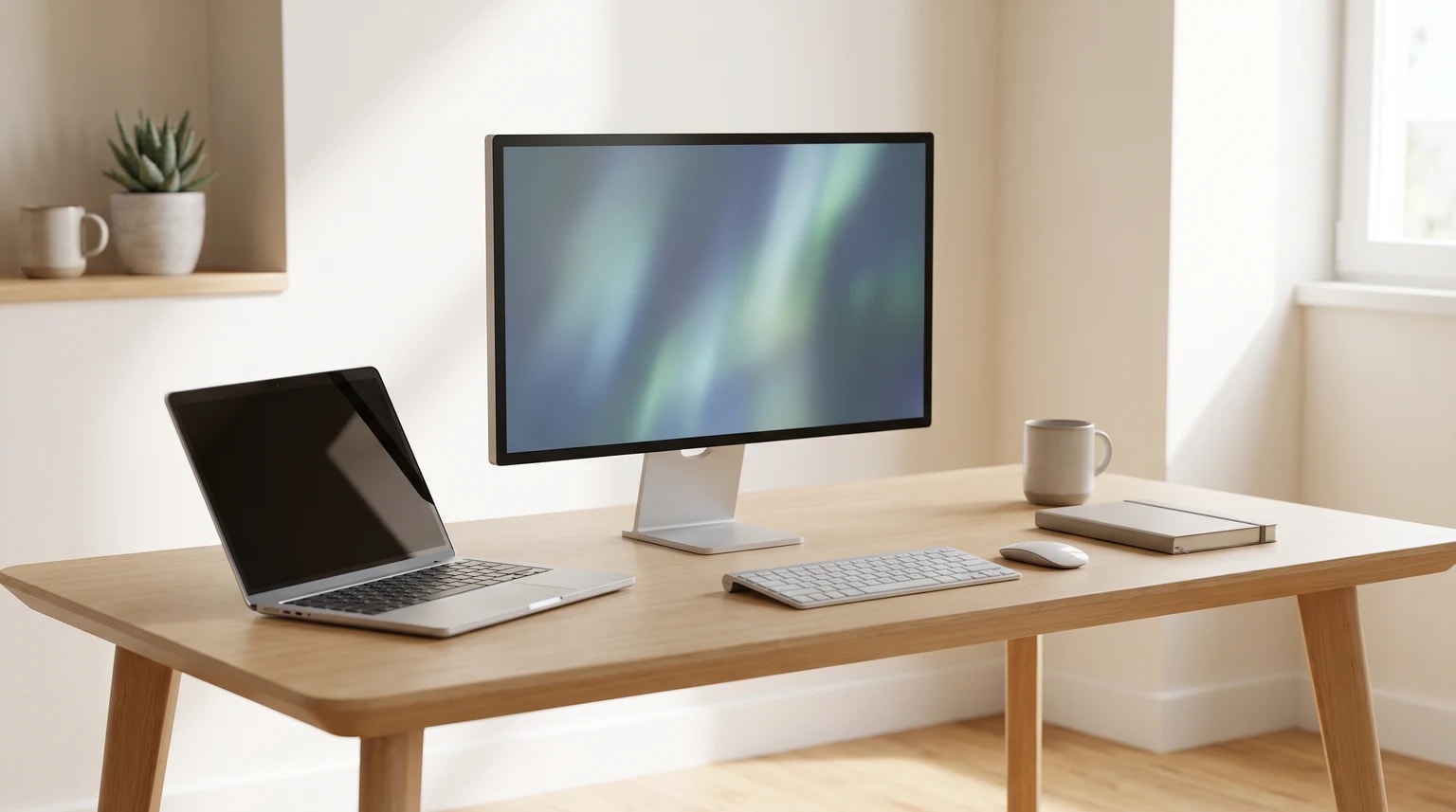 Um monitor de computador sobre uma secretária de madeira clara, com um portátil, teclado, rato e um caderno ao lado.