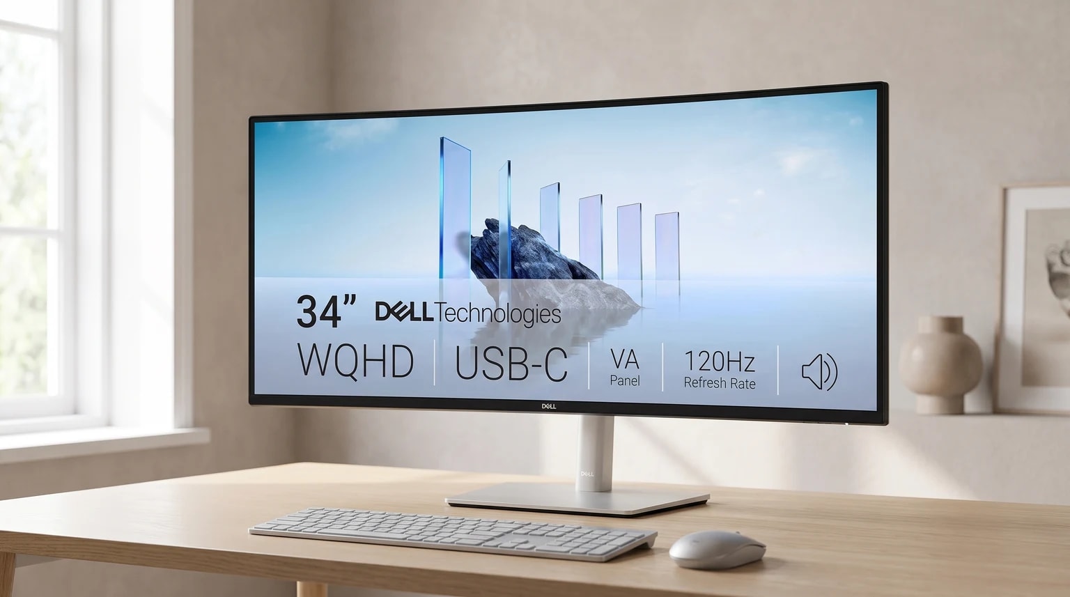 Monitor ultrawide curvo Dell numa secretária de madeira clara, com teclado, rato e especificações do produto no ecrã.