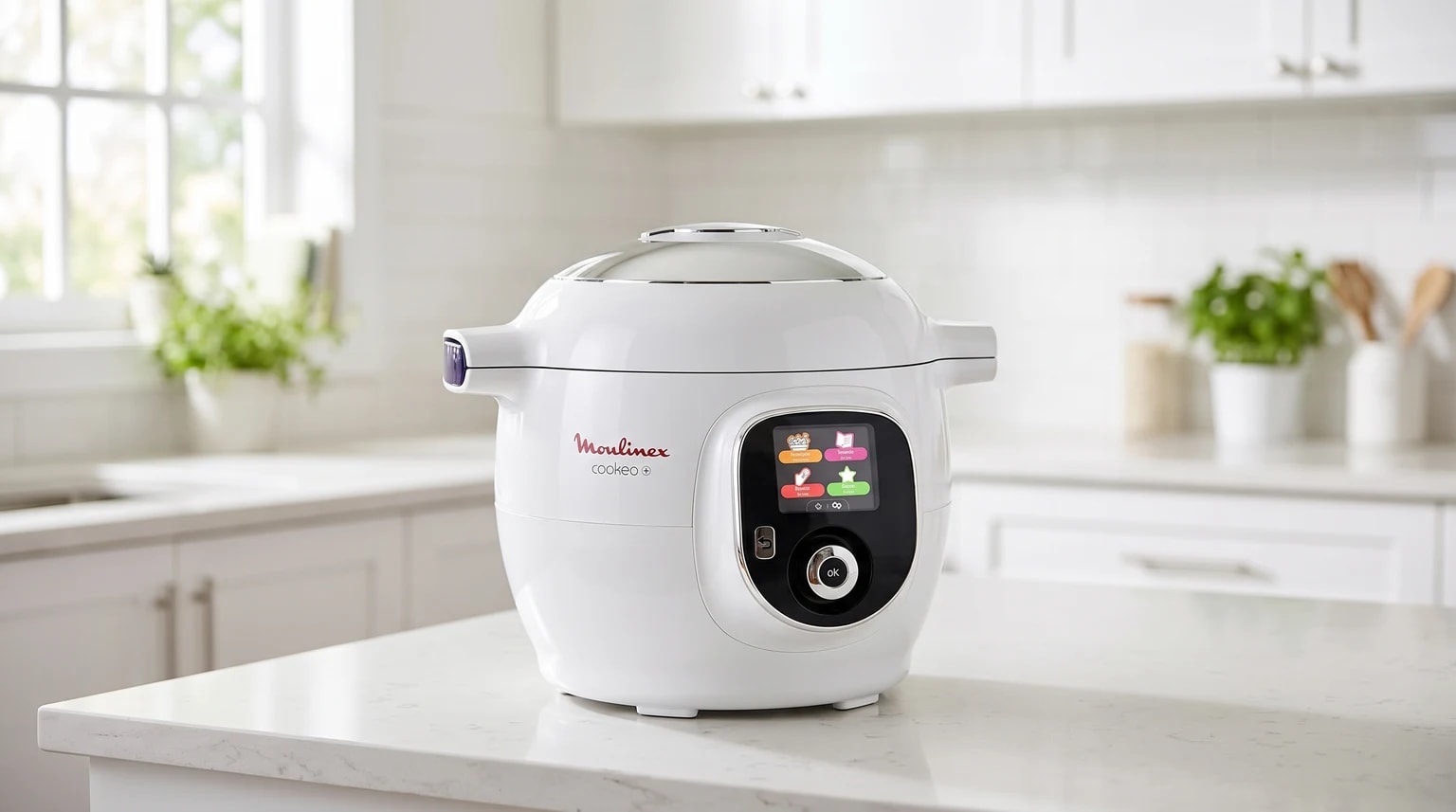 A panela de pressão elétrica Moulinex Cookeo+ branca sobre uma bancada de cozinha moderna, com o seu ecrã digital a cores ligado.