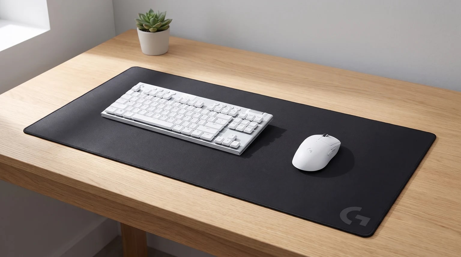 Logitech G840 preto e grande sobre uma secretária de madeira clara, com um teclado e um rato brancos por cima.