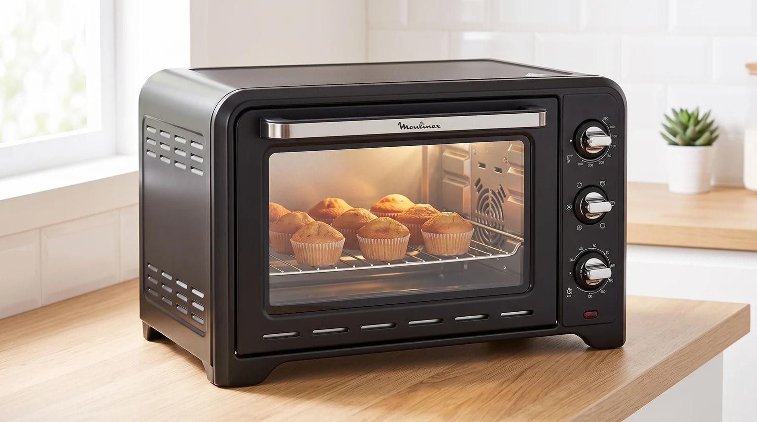 Mini forno elétrico Moulinex Optimo preto sobre uma bancada de madeira clara, com queques a cozer no interior.