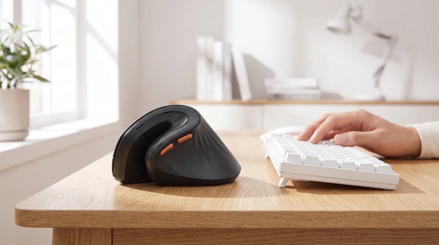 Um rato ergonómico vertical preto numa secretária de madeira, ao lado de uma pessoa a escrever num teclado branco.