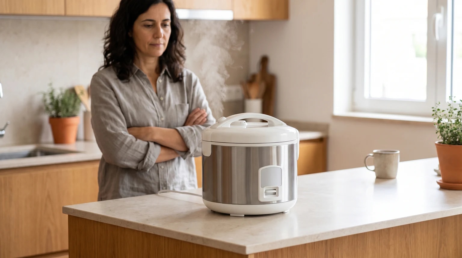 Uma mulher de braços cruzados observa uma panela elétrica de arroz a libertar vapor numa bancada de cozinha.