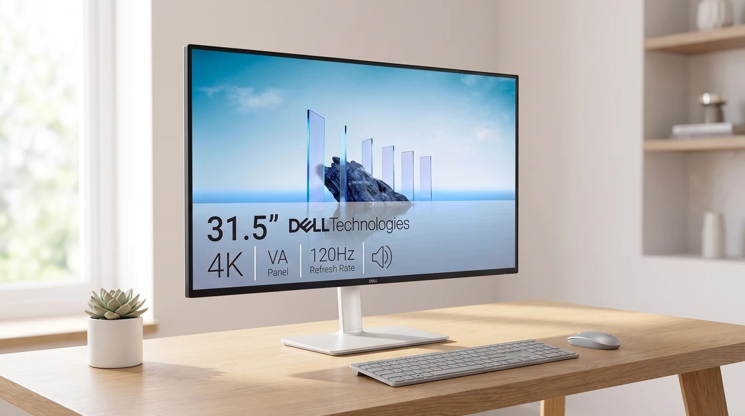 Um monitor Dell 4K prateado sobre uma secretária de madeira, ao lado de um teclado, rato e uma pequena planta suculenta.