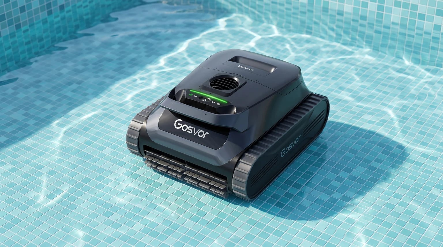 Robot de piscina Gosvor LiteVac G1, cinzento-escuro, no fundo de uma piscina de azulejos azuis.