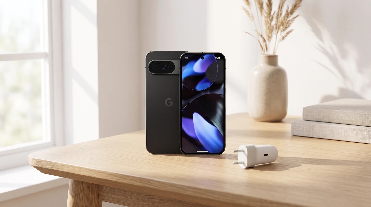 Google Pixel 9 preto visto de frente e de trás sobre uma mesa de madeira clara, ao lado de um carregador de parede branco.
