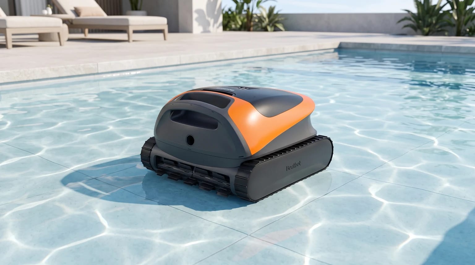 Robot de piscina Beatbot Sora 30, cinzento e laranja com lagartas, no fundo de uma piscina soalheira.