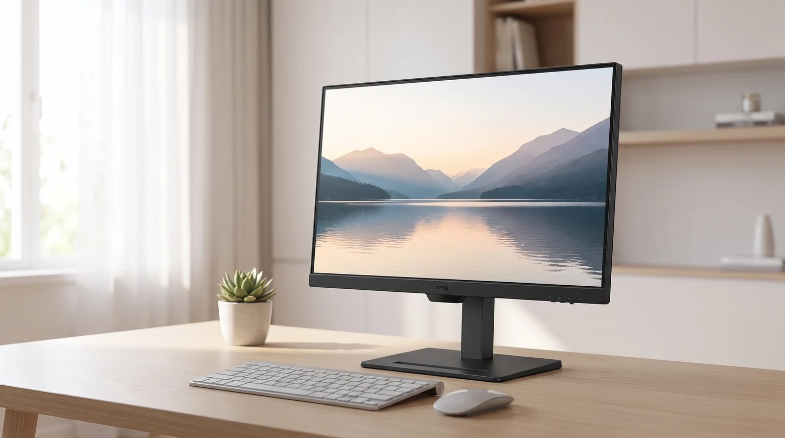 Um monitor preto numa secretária de madeira clara, ao lado de um teclado, rato e uma suculenta, num escritório moderno e bem iluminado.
