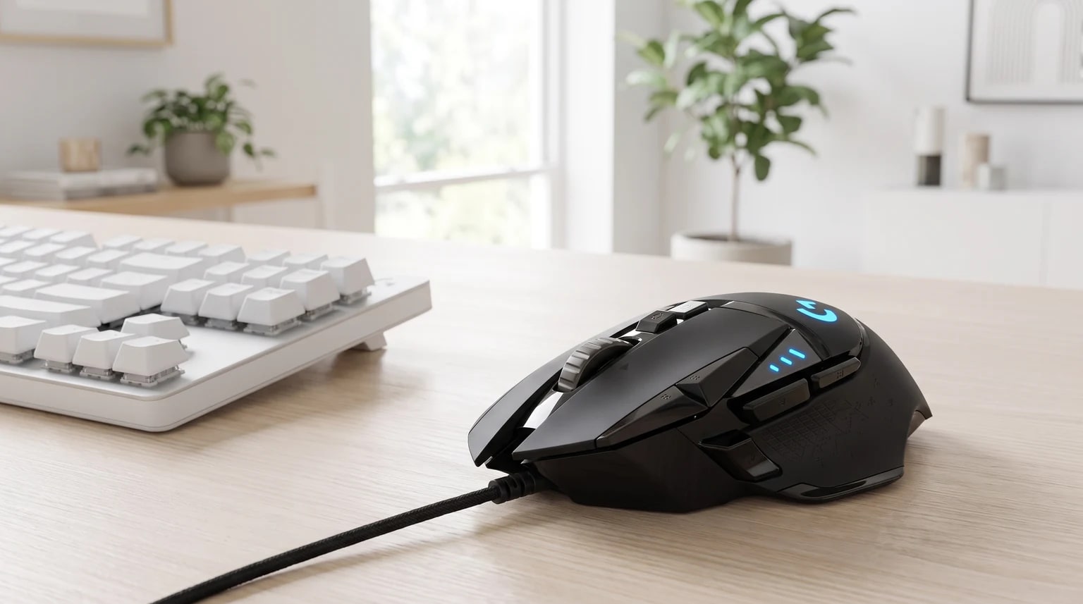 Um rato de gaming preto com iluminação LED azul sobre uma secretária de madeira clara, ao lado de um teclado mecânico branco.
