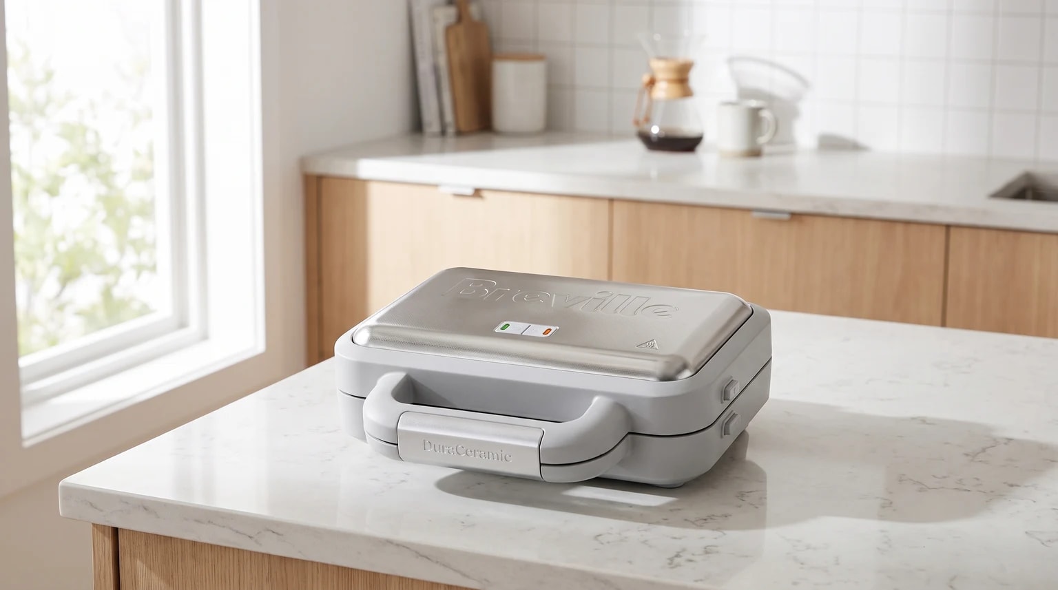 Uma máquina de waffles Breville cinzenta com tampa de aço inoxidável, fechada numa bancada de cozinha branca e luminosa.