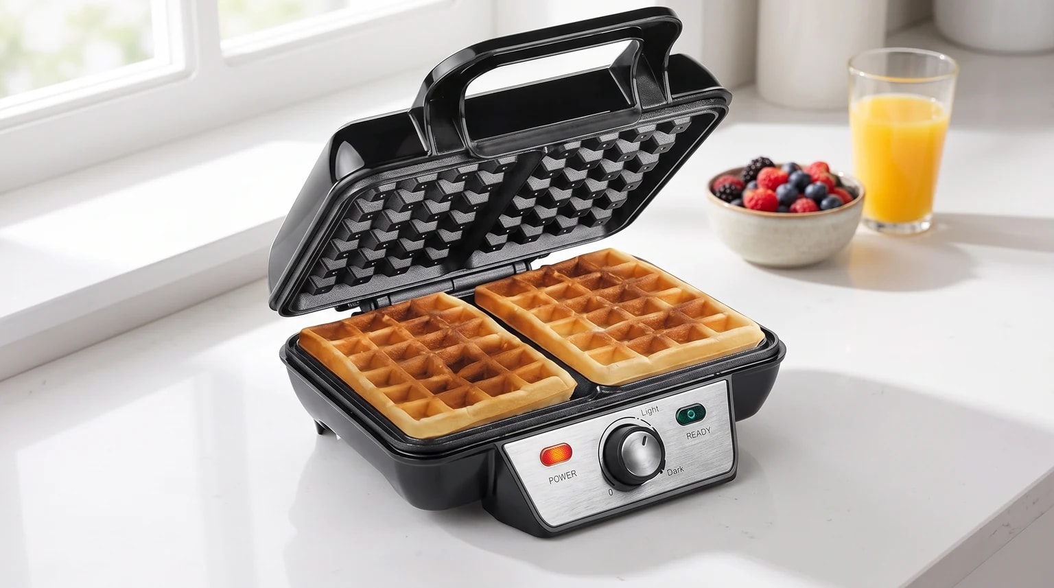 Máquina de fazer waffles preta aberta numa bancada de cozinha, com dois waffles dourados acabados de fazer no interior.