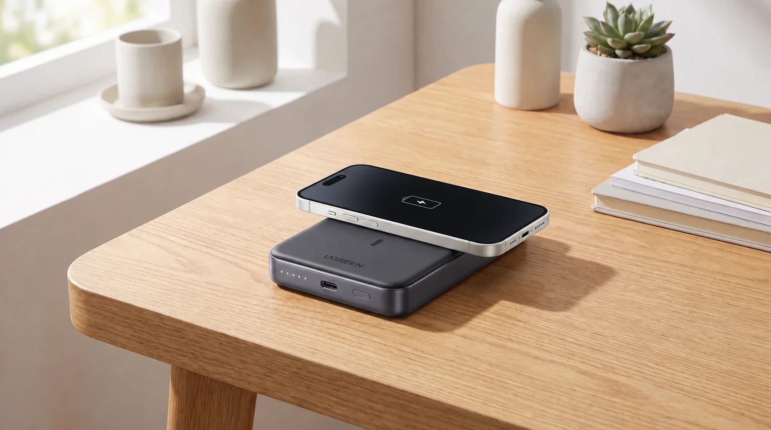 Uma powerbank UGREEN cinzenta-escura a carregar sem fios um smartphone com o ecrã preto e um ícone de carregamento, sobre uma mesa de madeira clara.