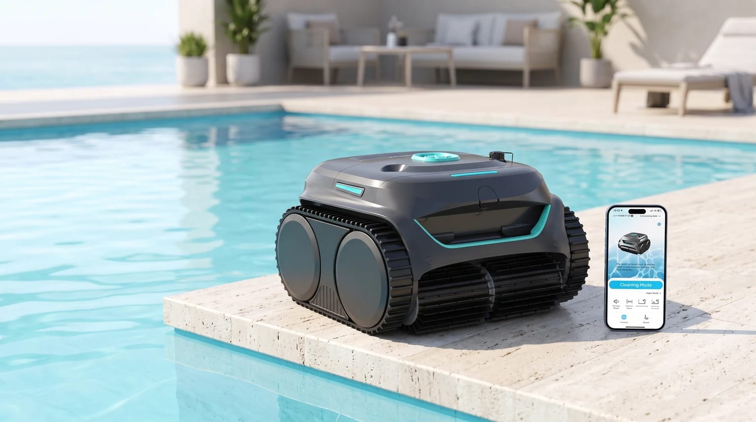 Robot de piscina WYBOT C2, preto com detalhes azul-turquesa, na borda da piscina junto a um telemóvel com a aplicação de controlo.