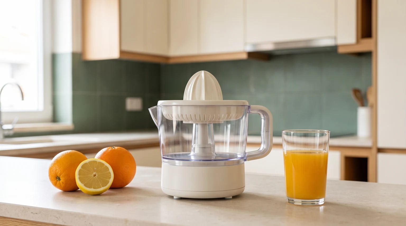 Um espremedor de citrinos elétrico numa bancada de cozinha, ao lado de um copo de sumo de laranja, duas laranjas e um limão.