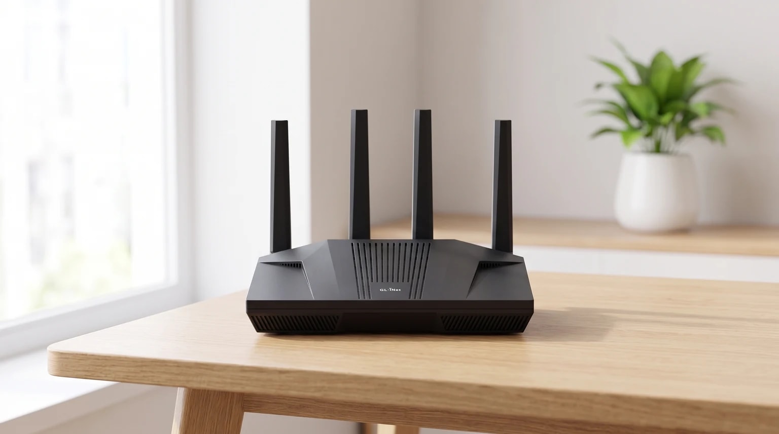 Um router Wi-Fi preto com quatro antenas pousado sobre uma mesa de madeira, num ambiente luminoso com uma planta ao fundo.