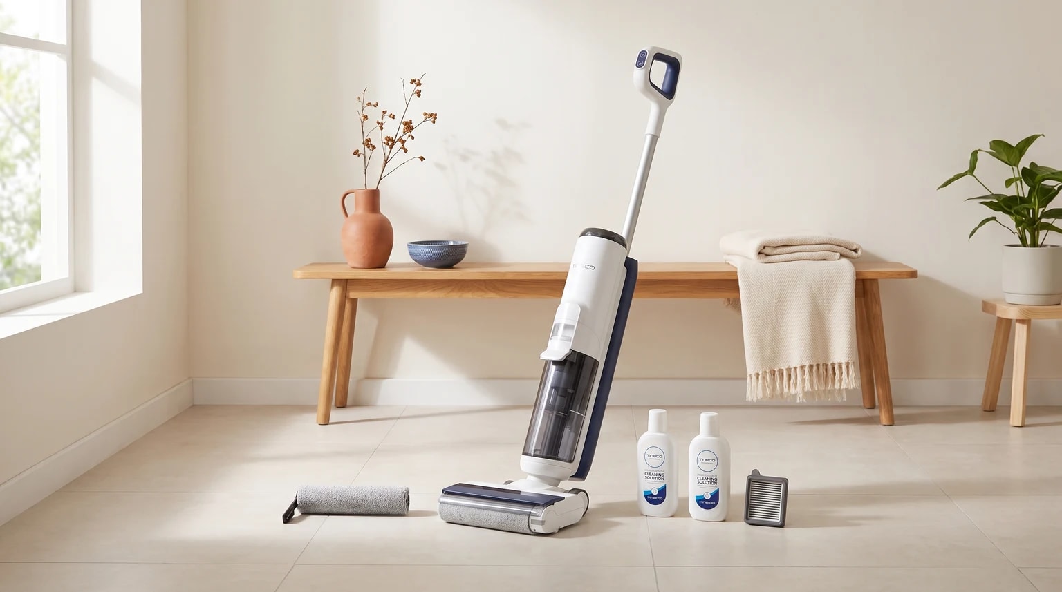 Aspirador Tineco iFLOOR 5 Breeze Complete branco e azul, com rolo e acessórios, num pavimento de cerâmica claro.