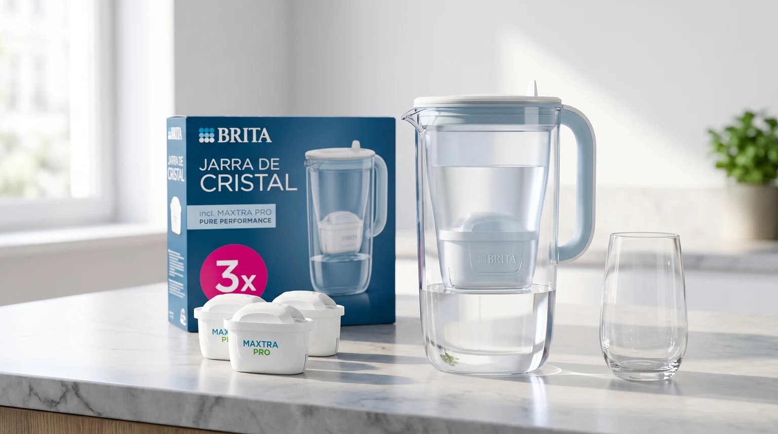 Jarro filtrante de vidro BRITA numa bancada de cozinha, com a embalagem, três filtros de substituição e um copo ao lado.