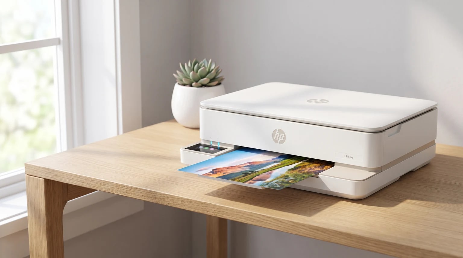 Uma impressora multifunções HP Envy branca numa secretária de madeira, a imprimir uma fotografia colorida de uma paisagem.