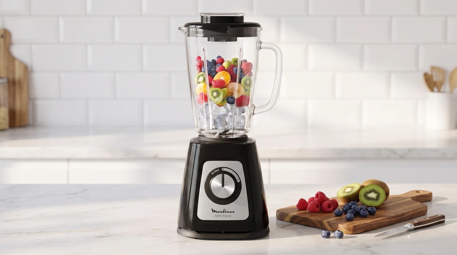 O liquidificador Moulinex Blendforce preto está sobre uma bancada de mármore, com o copo de vidro cheio de frutas coloridas e gelo.