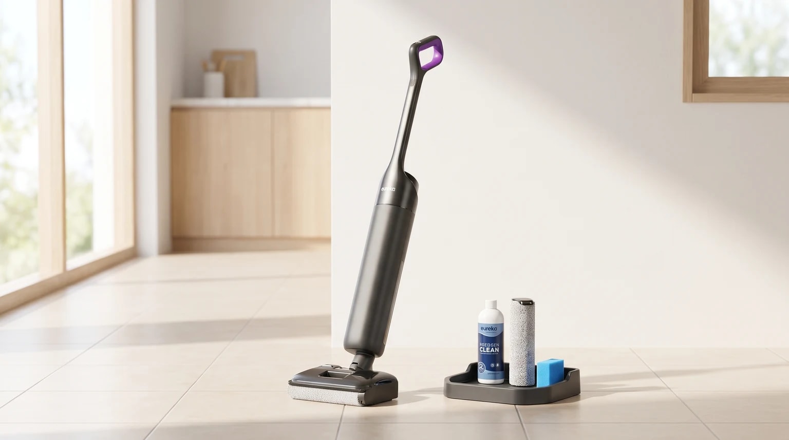 Aspirador Eureka FloorShine 460 cinzento-escuro, com rolo e acessórios, num pavimento de cerâmica claro.