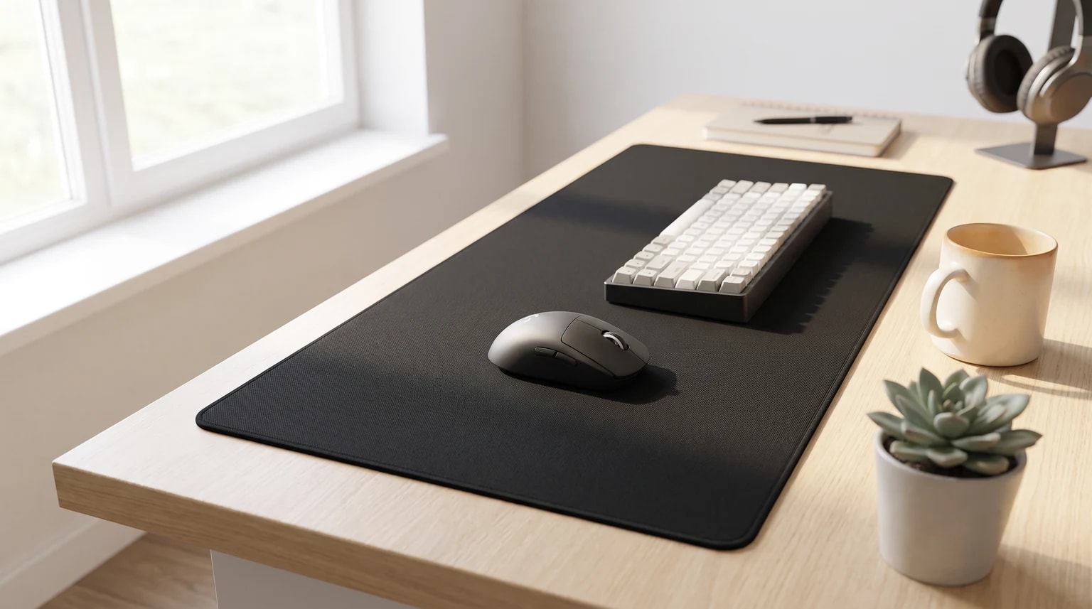 Um grande tapete de rato preto numa secretária de madeira clara, com um rato, um teclado, uma caneca e uma pequena planta.