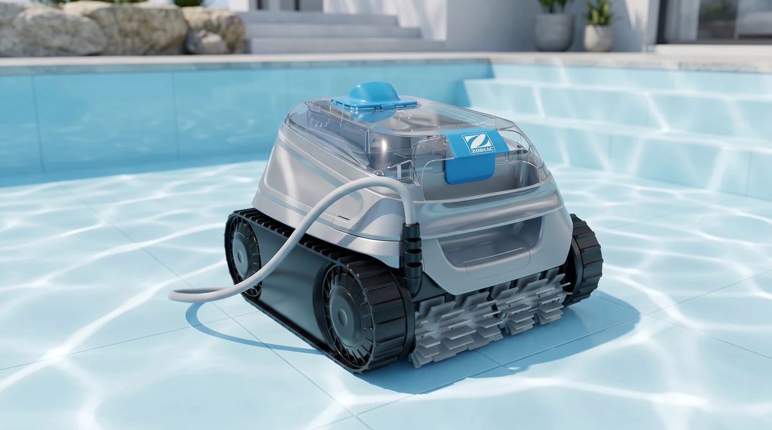 Robot de piscina Zodiac CNX 30 iQ, cinzento e azul, no fundo de uma piscina de azulejos com água límpida.