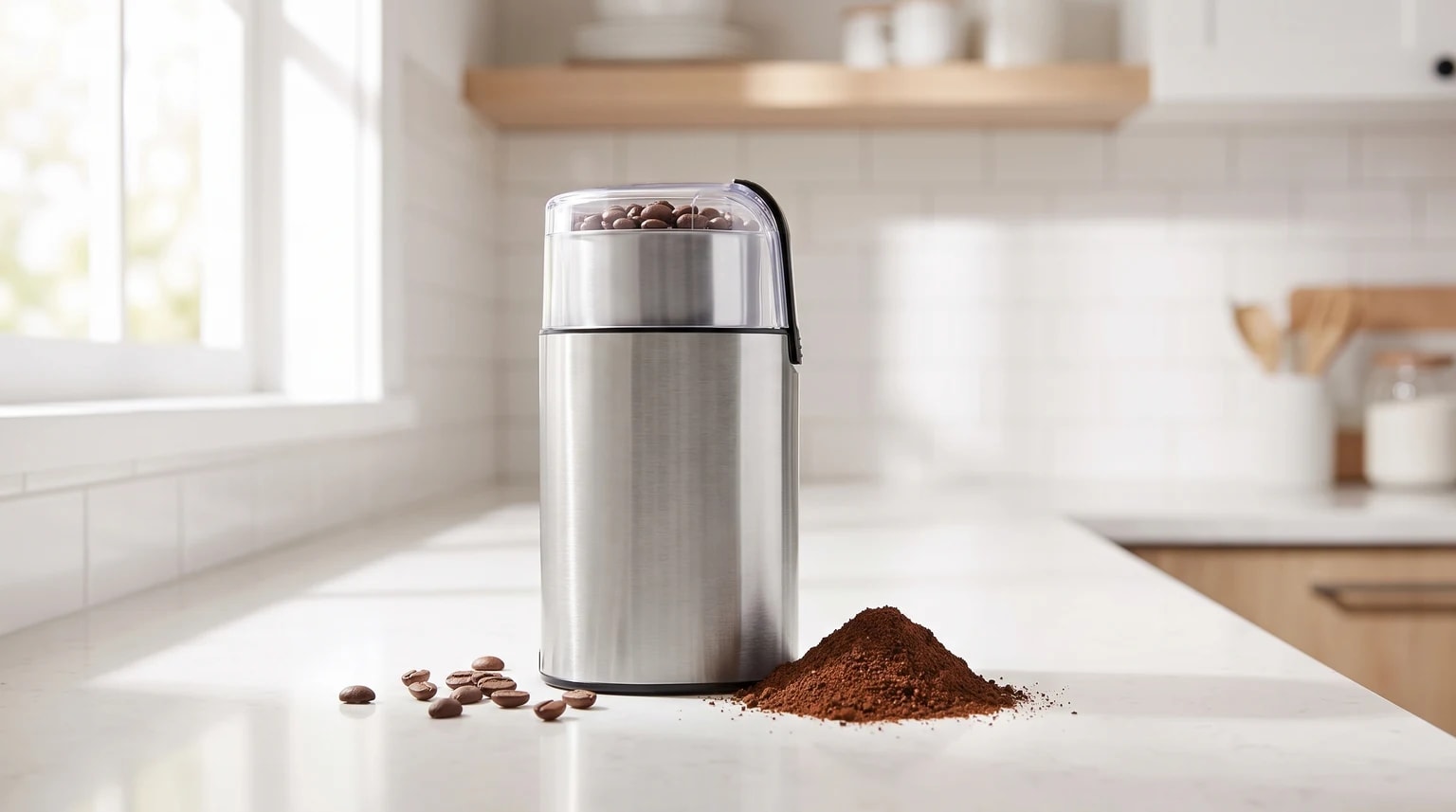 Um moinho de café em aço inoxidável sobre uma bancada de cozinha branca, com grãos de café no interior e um monte de café moído ao lado.