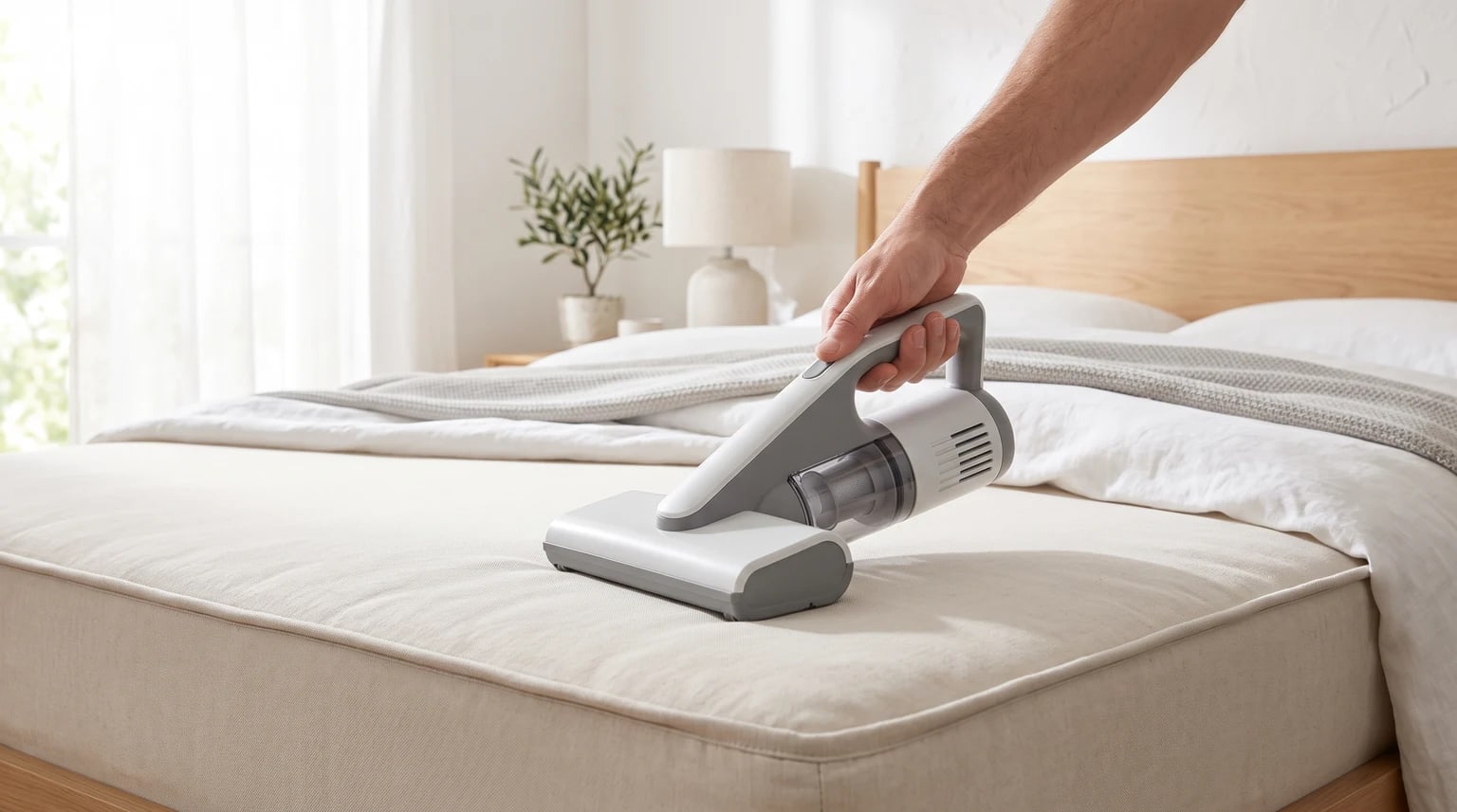 Mão de uma pessoa a usar um aspirador portátil para limpar a superfície de um colchão num quarto.