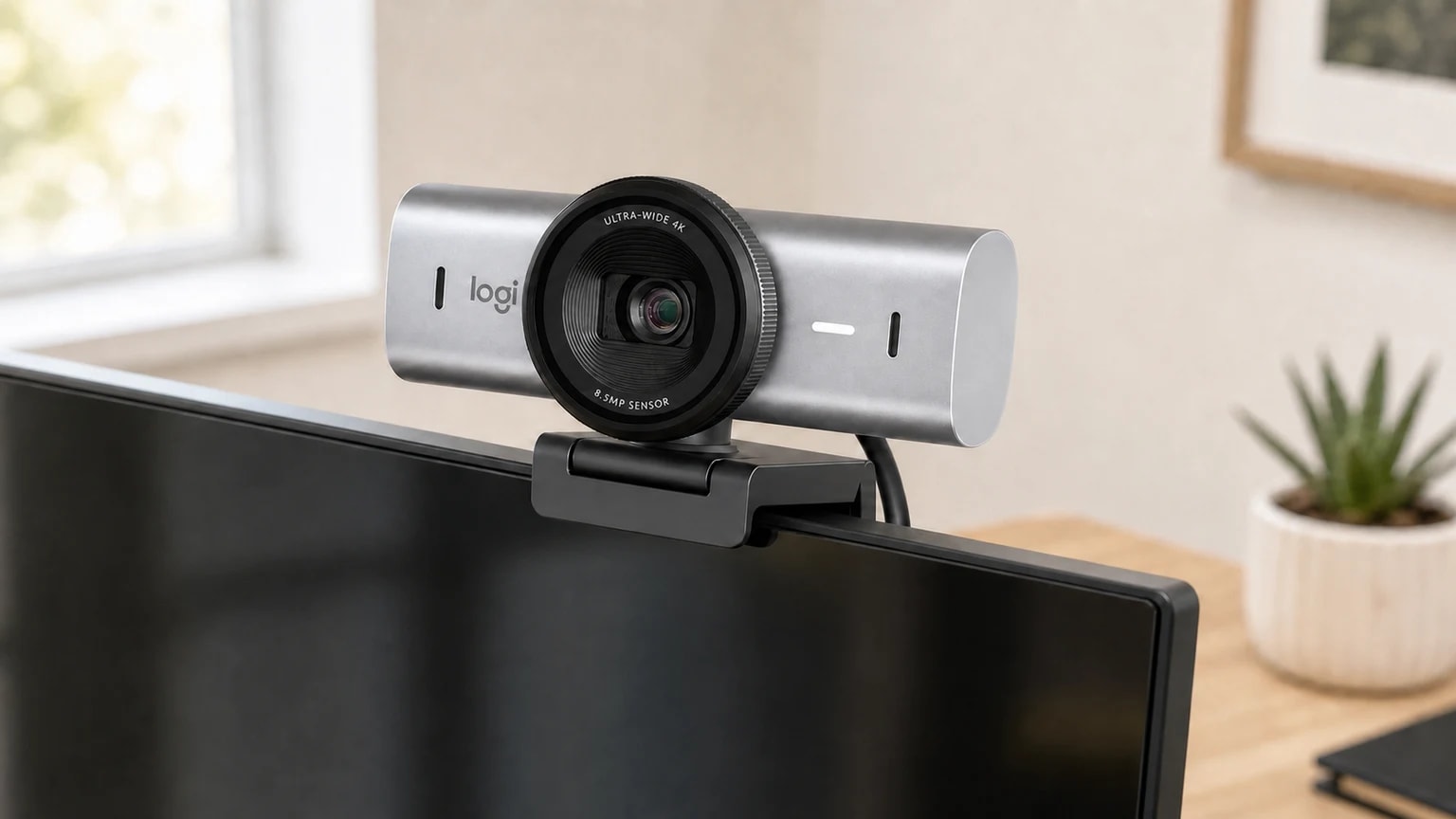 Webcam Logitech MX Brio prateada montada no topo de um monitor, num escritório em casa luminoso.
