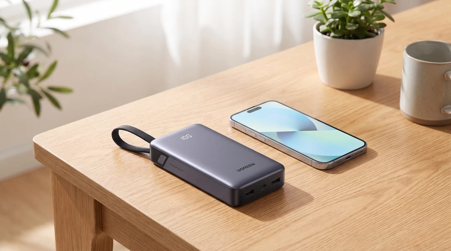 Uma powerbank cinzenta da UGREEN pousada numa mesa de madeira, ao lado de um smartphone. O ecrã da powerbank mostra o nível da bateria a 100.