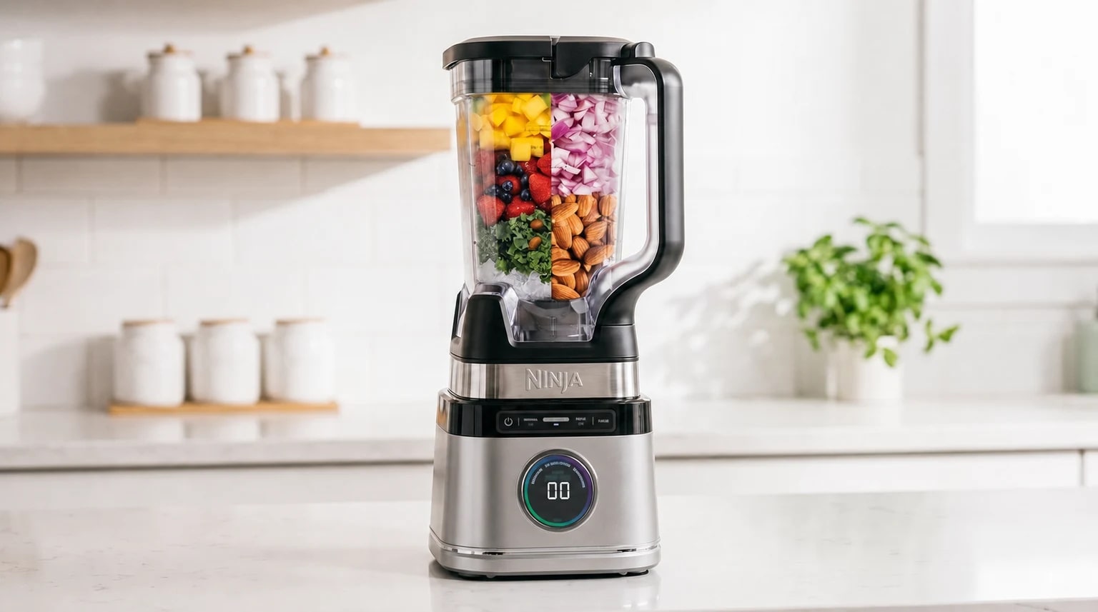 Liquidificador Ninja prateado numa bancada de cozinha, com o jarro fechado e dividido entre fruta, cebola, amêndoas, folhas verdes e gelo.