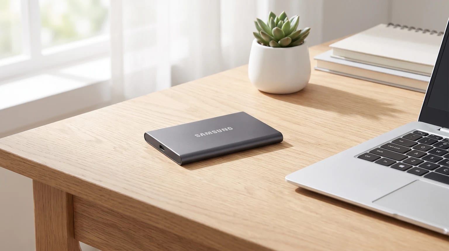 Um SSD externo portátil Samsung cinzento sobre uma secretária de madeira clara, junto a um computador portátil.