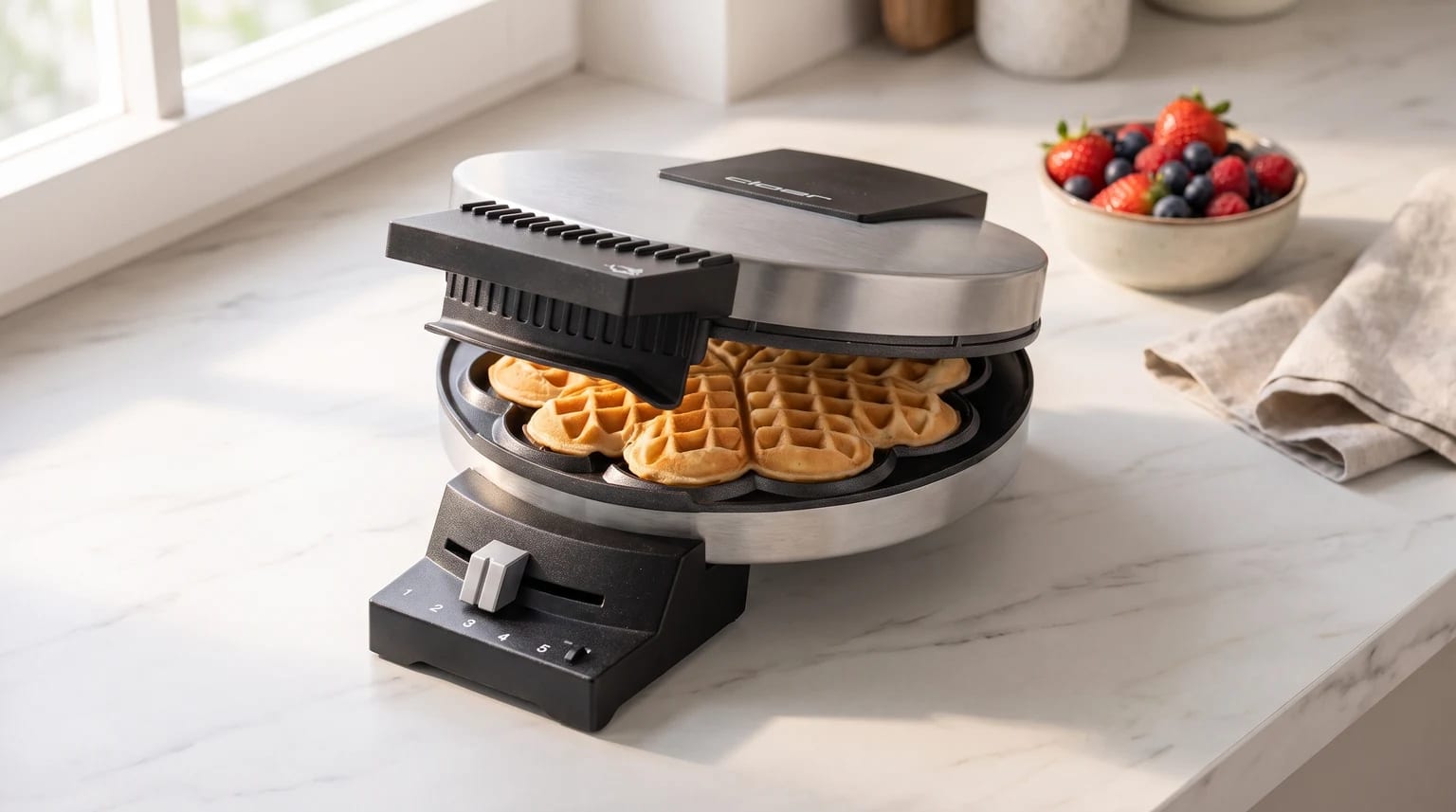 Máquina de waffles em inox numa bancada de mármore, com waffles dourados em forma de coração no interior. Uma taça de frutos vermelhos está ao lado.