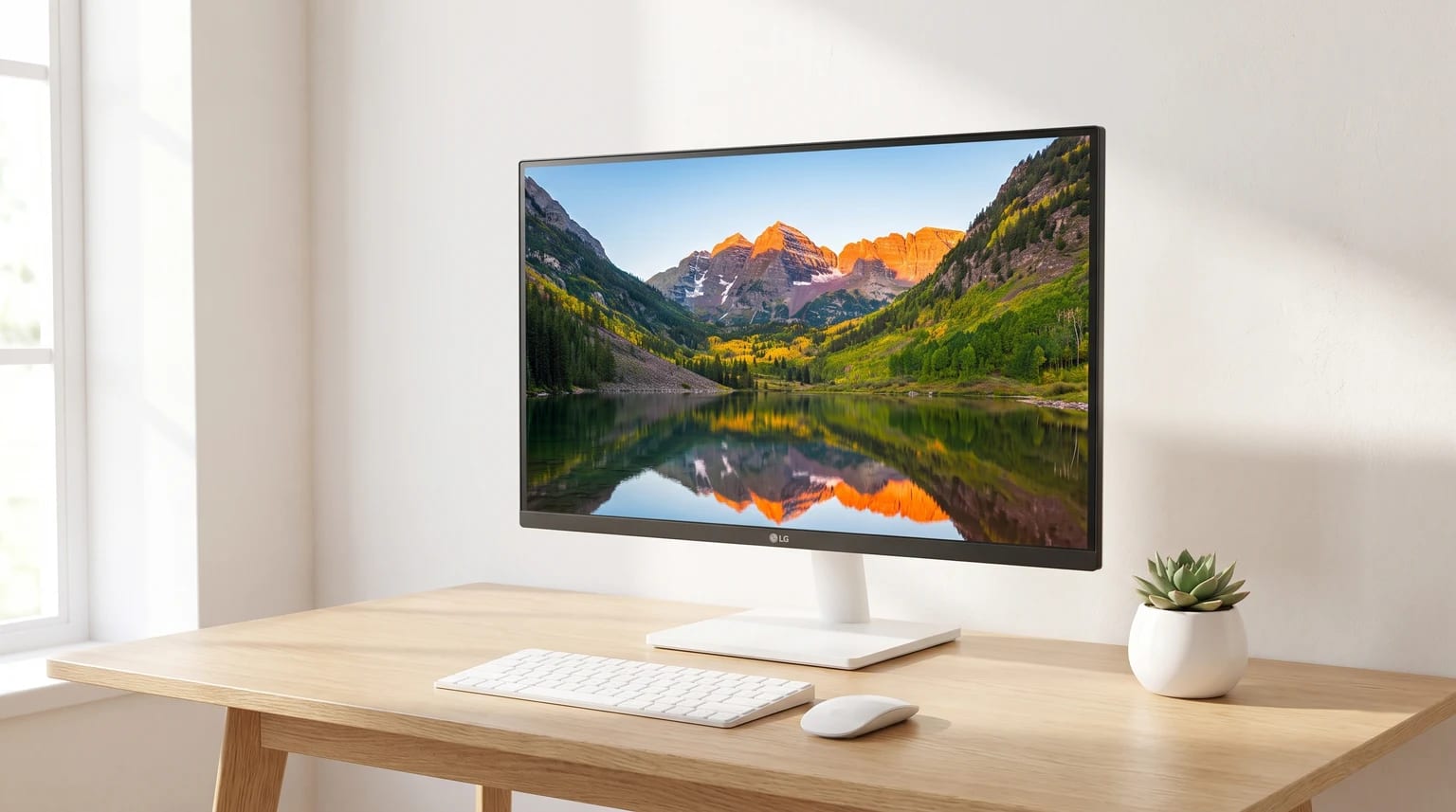 Um monitor LG com suporte branco numa secretária de madeira clara, ao lado de um teclado, rato e um pequeno vaso com uma suculenta.