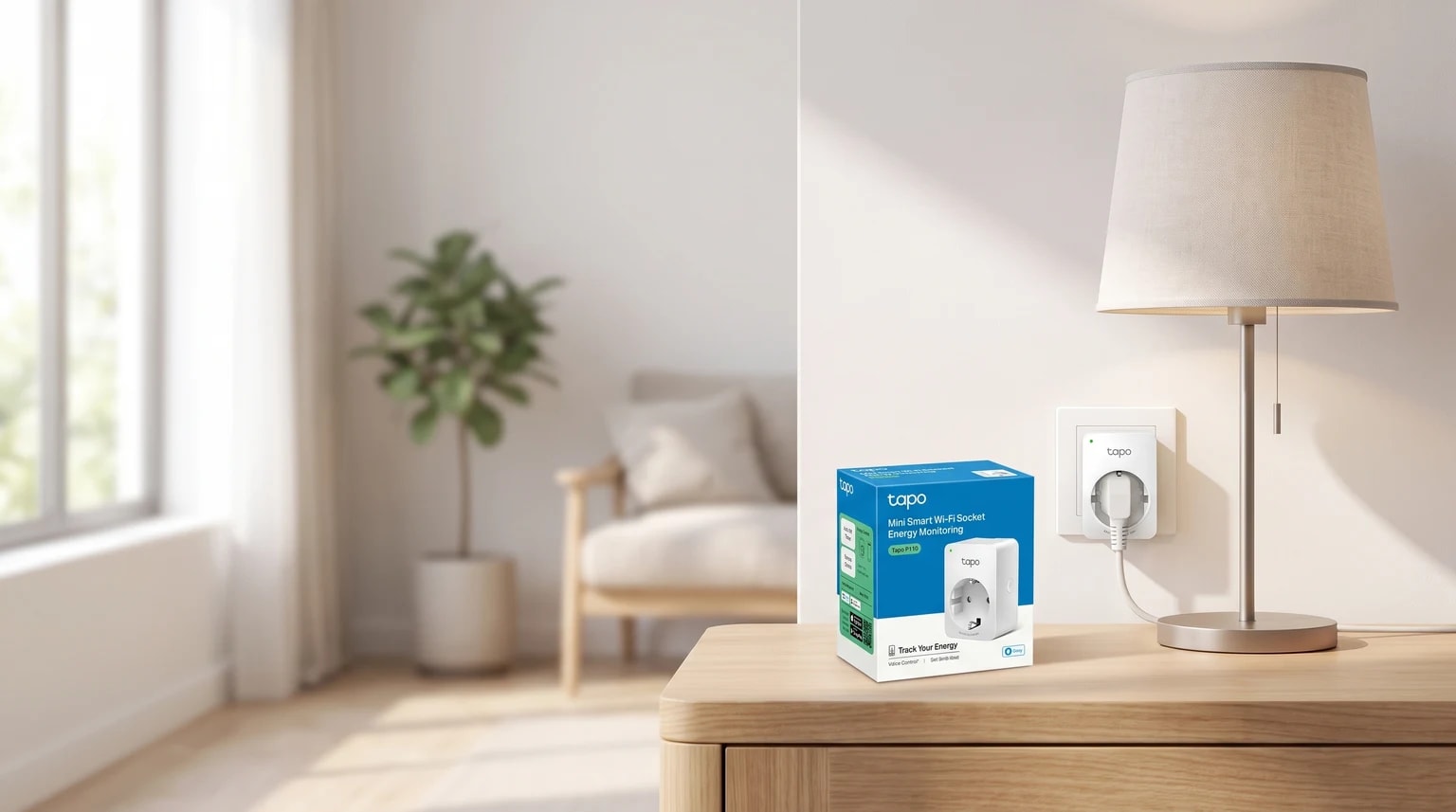 Um candeeiro de mesa ligado a uma tomada inteligente Tapo P110 numa sala luminosa, com a caixa do produto pousada ao lado.