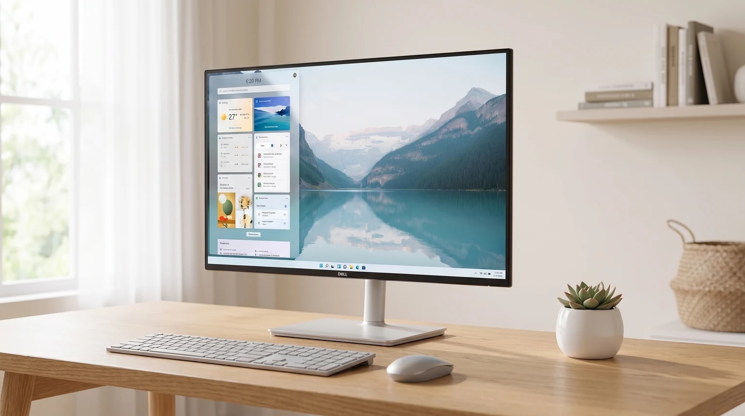 Um monitor Dell com um suporte prateado sobre uma secretária de madeira, ao lado de um teclado, rato e uma pequena suculenta.