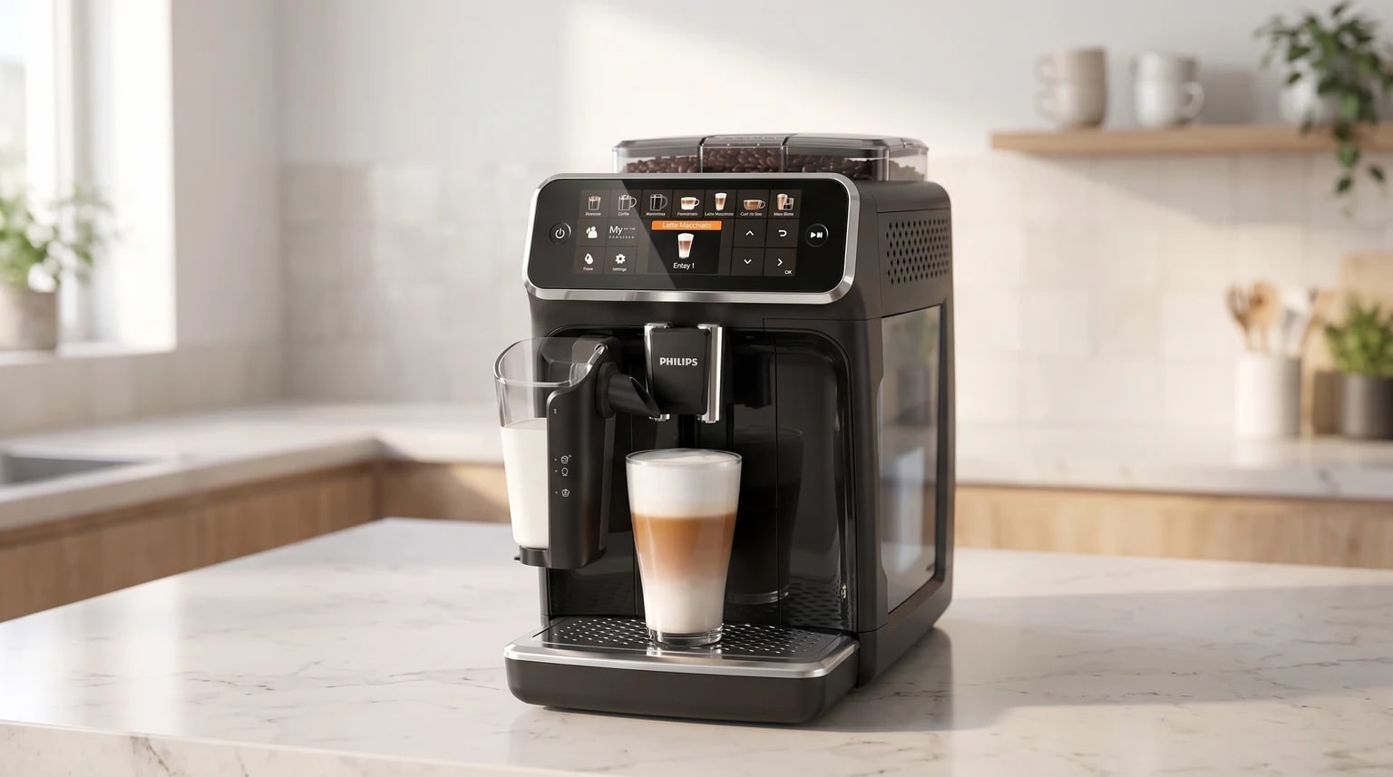 Uma máquina de café automática preta da Philips a preparar um latte macchiato para um copo alto, sobre uma bancada de cozinha em mármore.