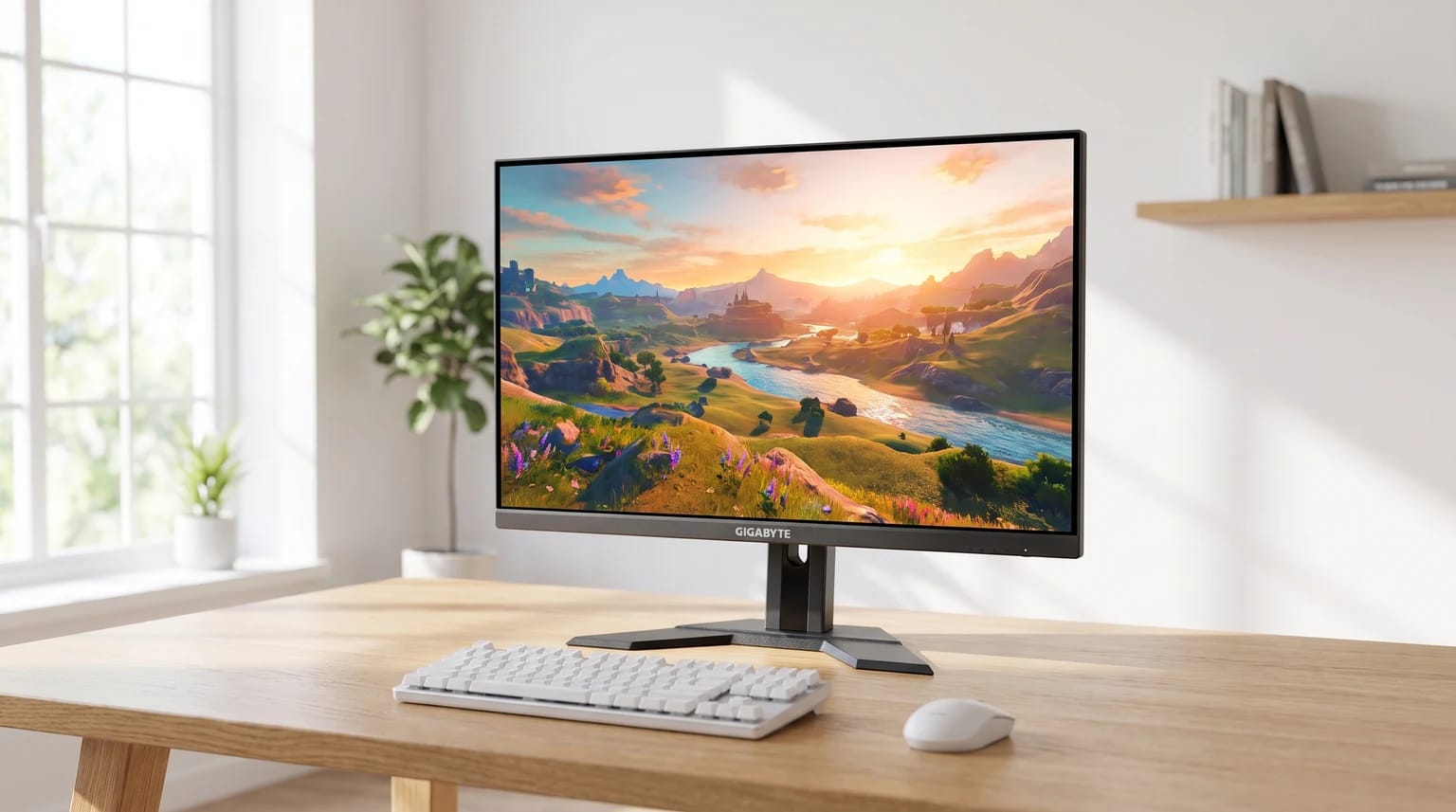 Um monitor de gaming Gigabyte numa secretária de madeira clara, a exibir uma paisagem de videojogo vibrante e colorida.