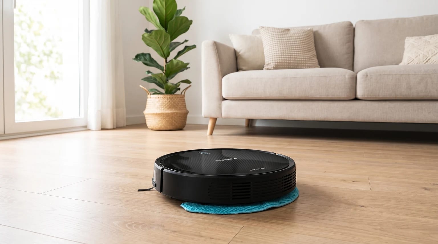 Aspirador robot Cecotec Conga M10 X-Treme preto a limpar um soalho de madeira clara, com a mopa azul visível por baixo.