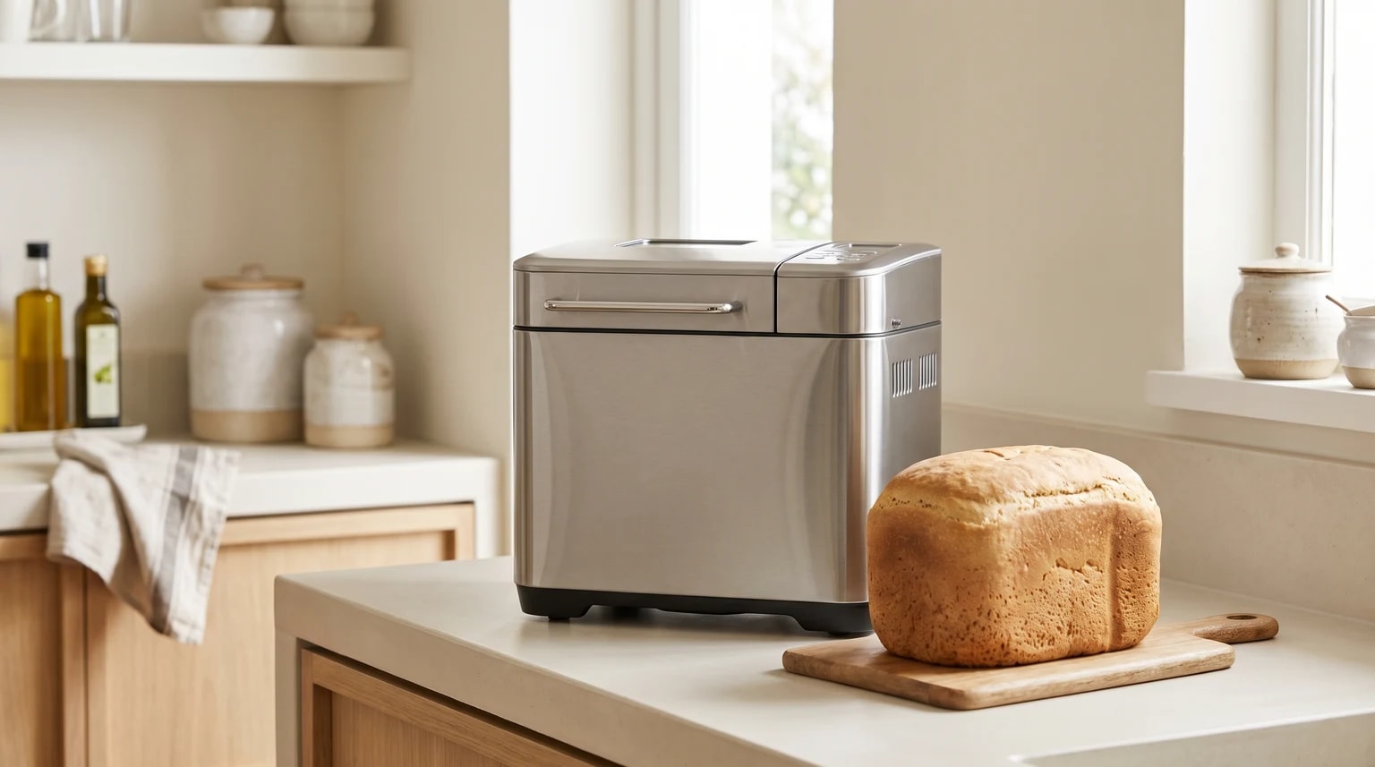 Uma máquina de pão em aço inoxidável numa bancada de cozinha, com um pão acabado de fazer numa tábua de madeira ao lado.