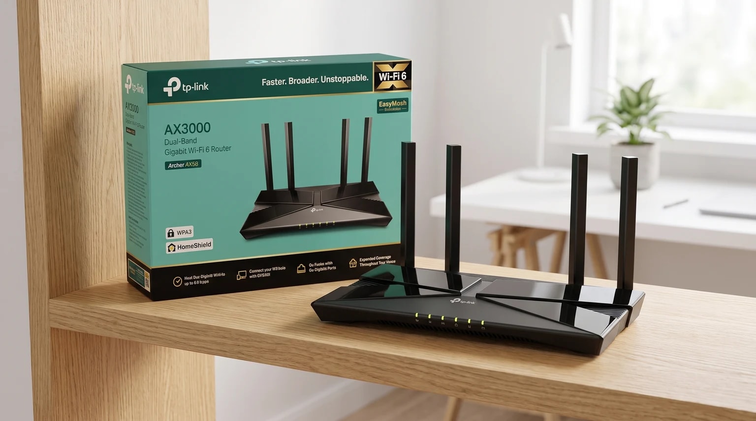 O router Wi-Fi preto TP-Link Archer AX58, com quatro antenas, pousado numa prateleira de madeira clara ao lado da sua caixa.