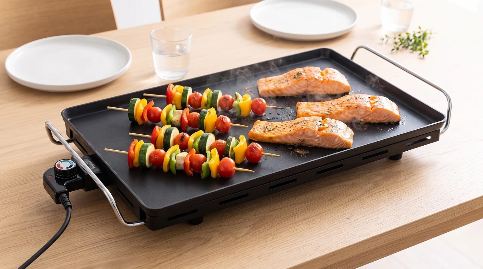 Filetes de salmão e espetadas de legumes a grelhar numa chapa elétrica de mesa posta para uma refeição.