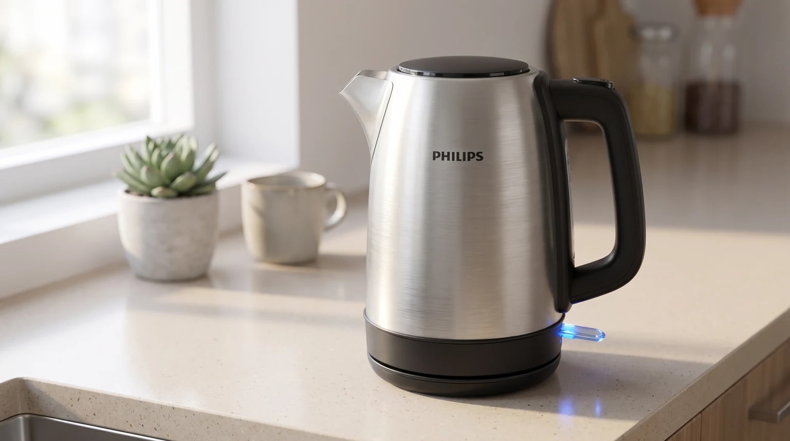 Chaleira elétrica Philips em aço inoxidável numa bancada de cozinha, com a sua luz indicadora azul ligada na base.