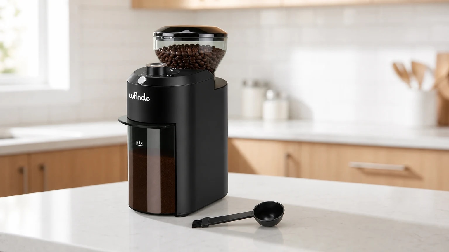 Moinho de café elétrico Wancle preto com colher doseadora numa bancada de cozinha clara.