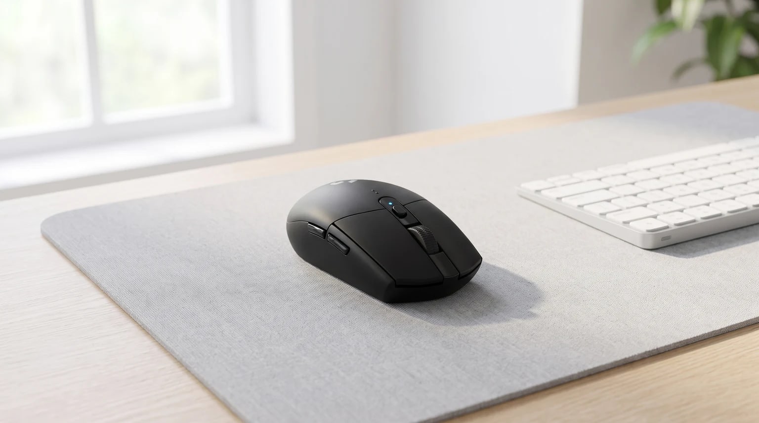 Um rato gaming preto sem fios sobre um tapete de secretária cinzento, ao lado de um teclado branco numa secretária de madeira.